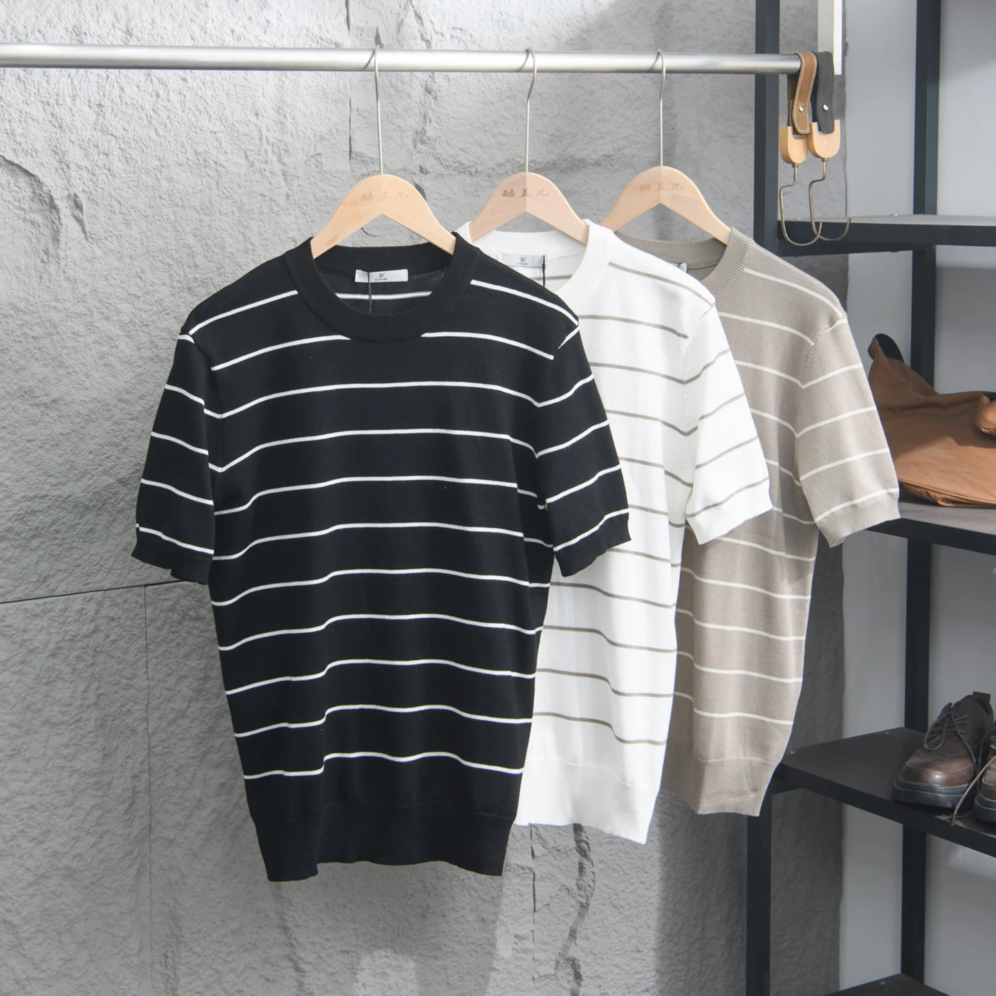 Simple Knitted Short Sleeve round Neck T-Shirt for Men Casual Stripe Color Block Summer Fashionable Breathable Comfortable