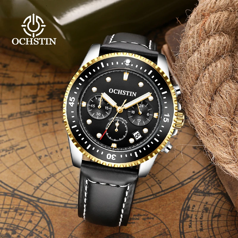 

OCHSTIN новые мужские кожаные часы с календарем, водонепроницаемые классические наручные часы, мужские многофункциональные кварцевые часы