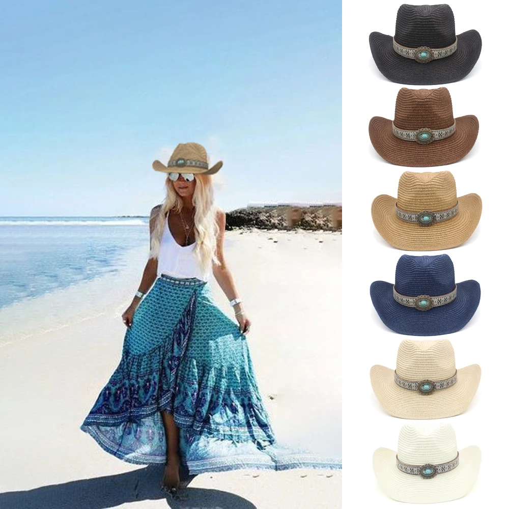 

Men Women Soft Straw Western Cowboy Hats Wide Brim Sunhat Summer Caps Sombrero Travel Sunbonnet Outdoor Beach Size US 7 1/4 UK L