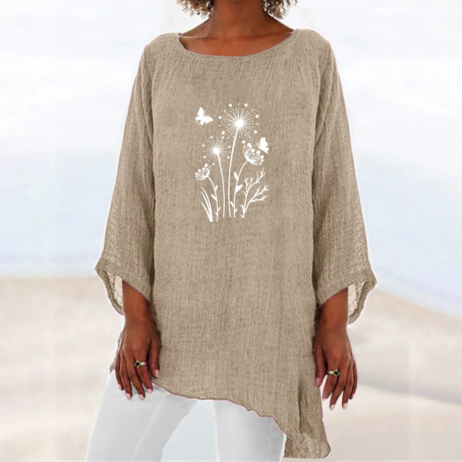 Summer Shirt Women Plus Size Dandelion Butterfly Print Three Quarter Sleeve Cotton Linen Top Oversized Women Tops Summer Tunics