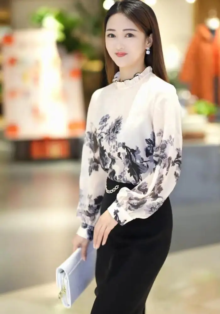 Ink Painting Printed Shirt New Simulation Silk Long Sleeved Western-style Loose and Versatile Stand Up Collar Chiffon Shirt