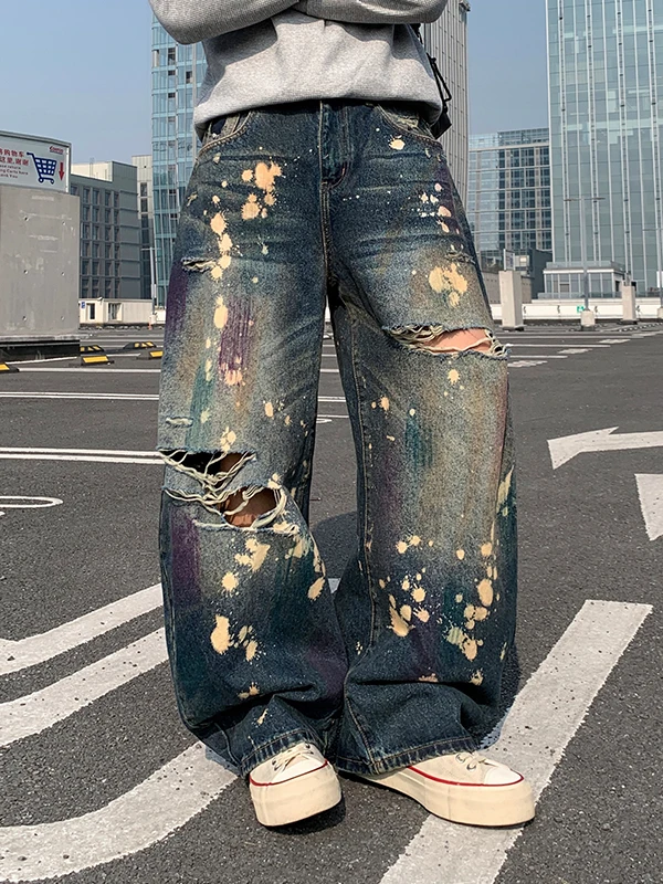 

Rustic fiti Hole Punching Wide Leg Men's Jeans American Trendy Loose Tapered Pants Casual Faion Urban Wear Spring Season