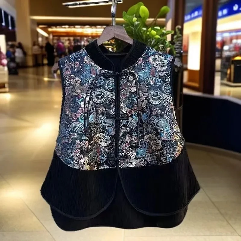 WLF Chinese Style National Style Patchwork Buckle Embroidered Vest Jacket 2025 Spring Autumn New Retro Western-Style Vest Top
