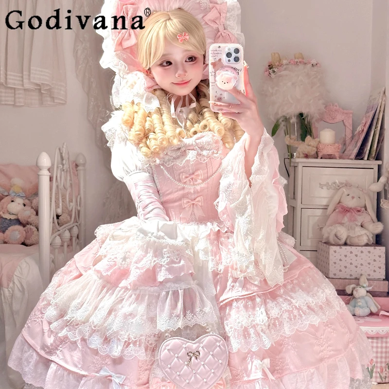

Original Pink Lolita Jsk Suspender Dress Sweet 2025 New Girl Women's Long Sleeve Inner Shirt Cute Princess Sling Cake Dresses
