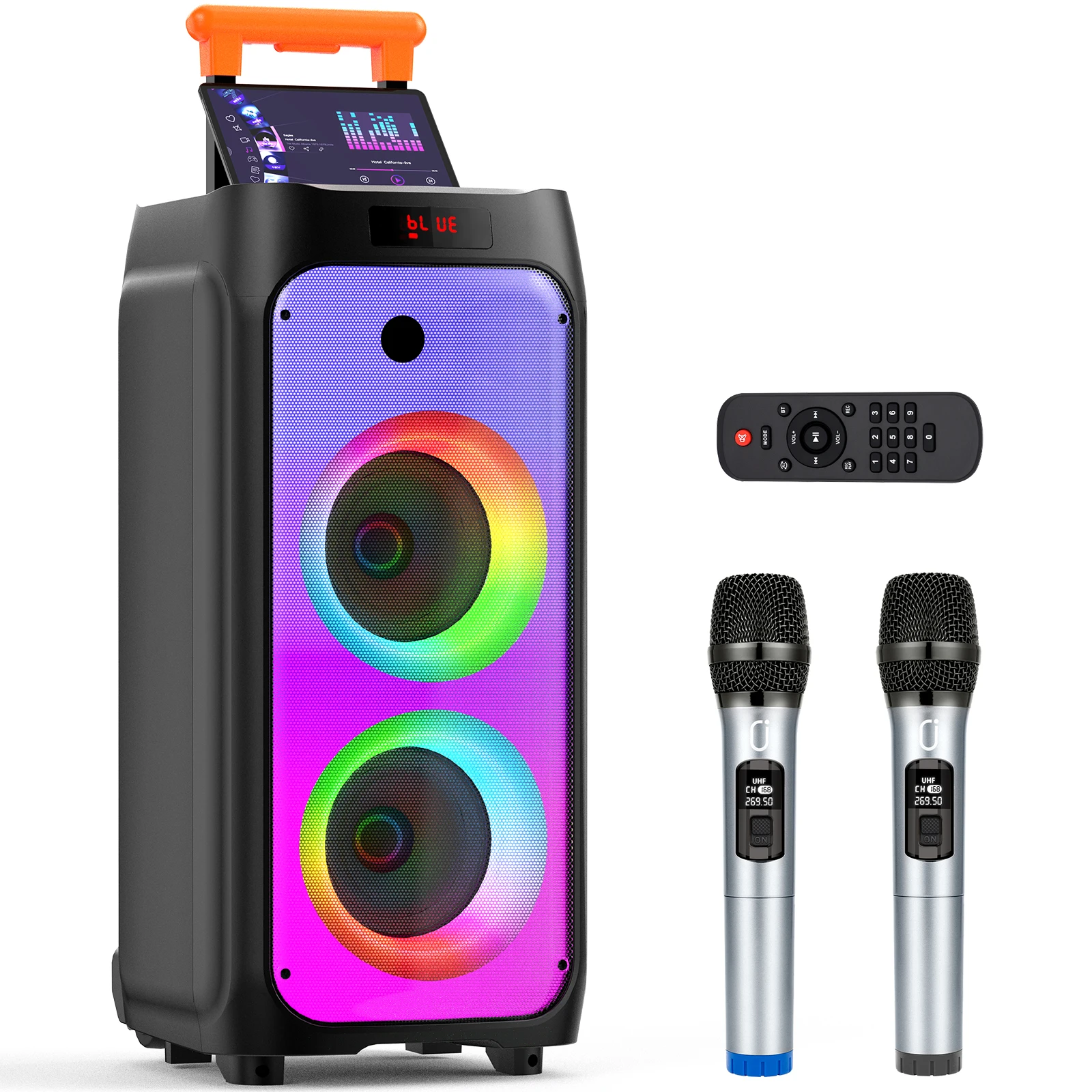T8-Karaoke-Maschine für Erwachsene, großer Party-Lautsprecher mit 500 W Spitzenleistung, kabelloses PA-System mit zwei 8-Zoll-Subwoofern, Disco-Lichter
