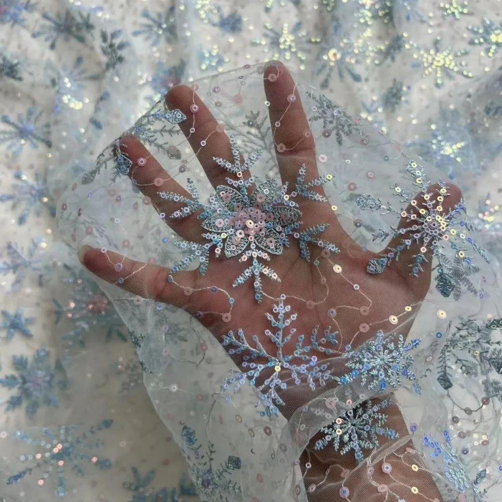 Fashion 1 Yard Tulle Fabric Embroidered Snowflake Mesh Lace Fabric Sequin Clothing Material For Sewing Skirt Dress