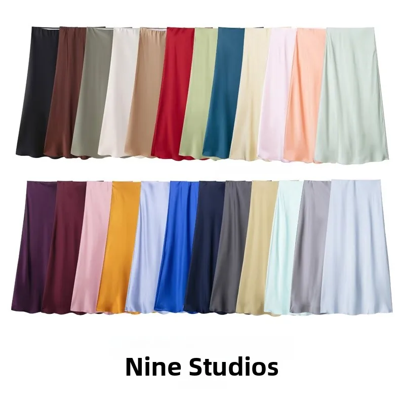 

High Waist Silk Satin Texture Midi Skirt Color Retro Versatile Casual Women's Fashion Set round Neck Short Sleeve Overhead