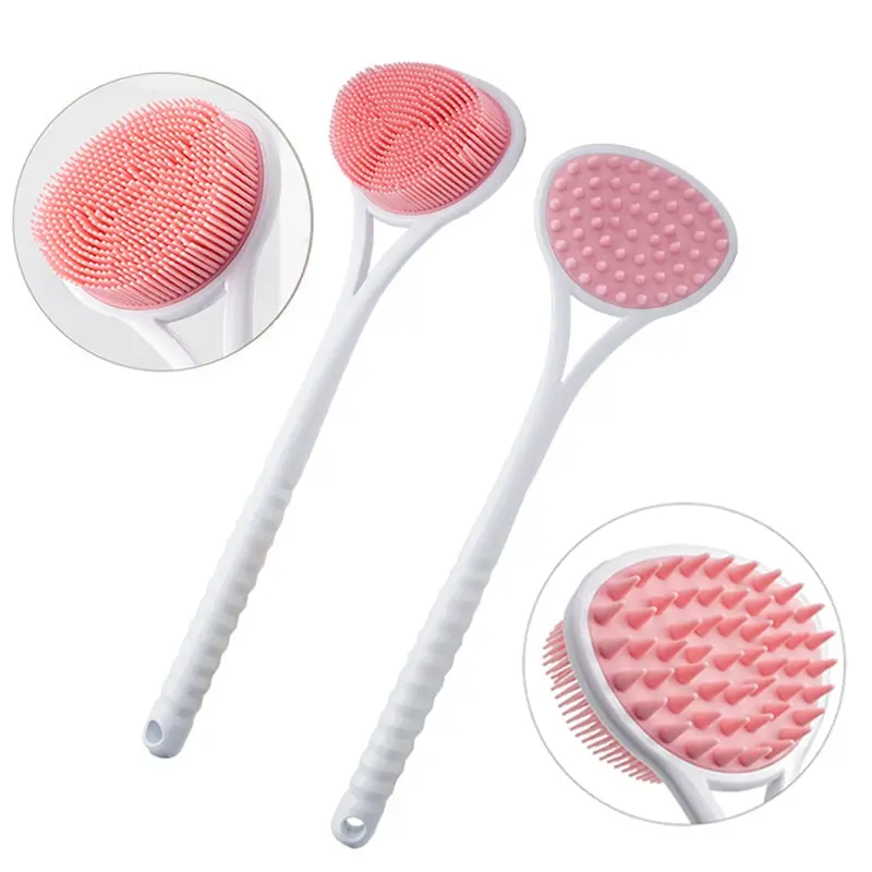 Bath Brush With Long Handle Silicone Doubleside Back Cleaning Soft Bristles Scrubber Massage Brush Washing Tools 1pc