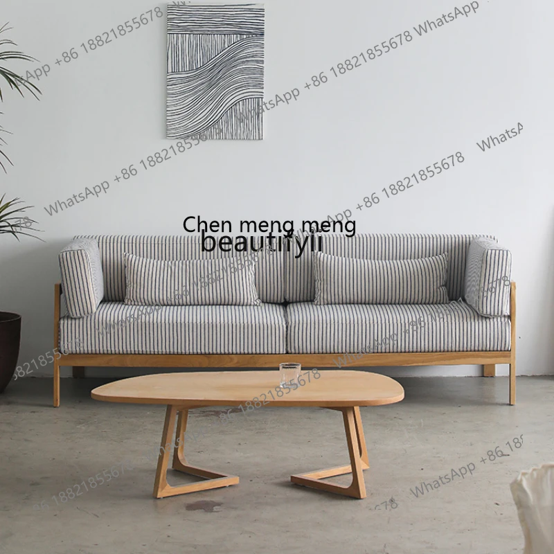 Modern Minimalist Nordic Mid-Ancient Solid Wood High-End Cotton and Linen Fabric Sofa Living Room New Three-Seat Cream Style