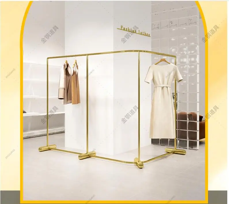 Clothing store display rack floor stainless steel titanium gold hangers children clothing store mid island curved corner display