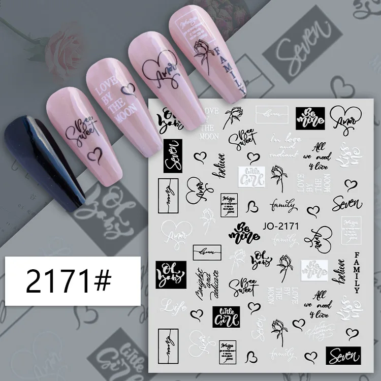 Nero bianco lettere Nail Art Sticker Abstract Face Label cursori per unghie decorazione artistica fai da te Word Design UV Gel Charms