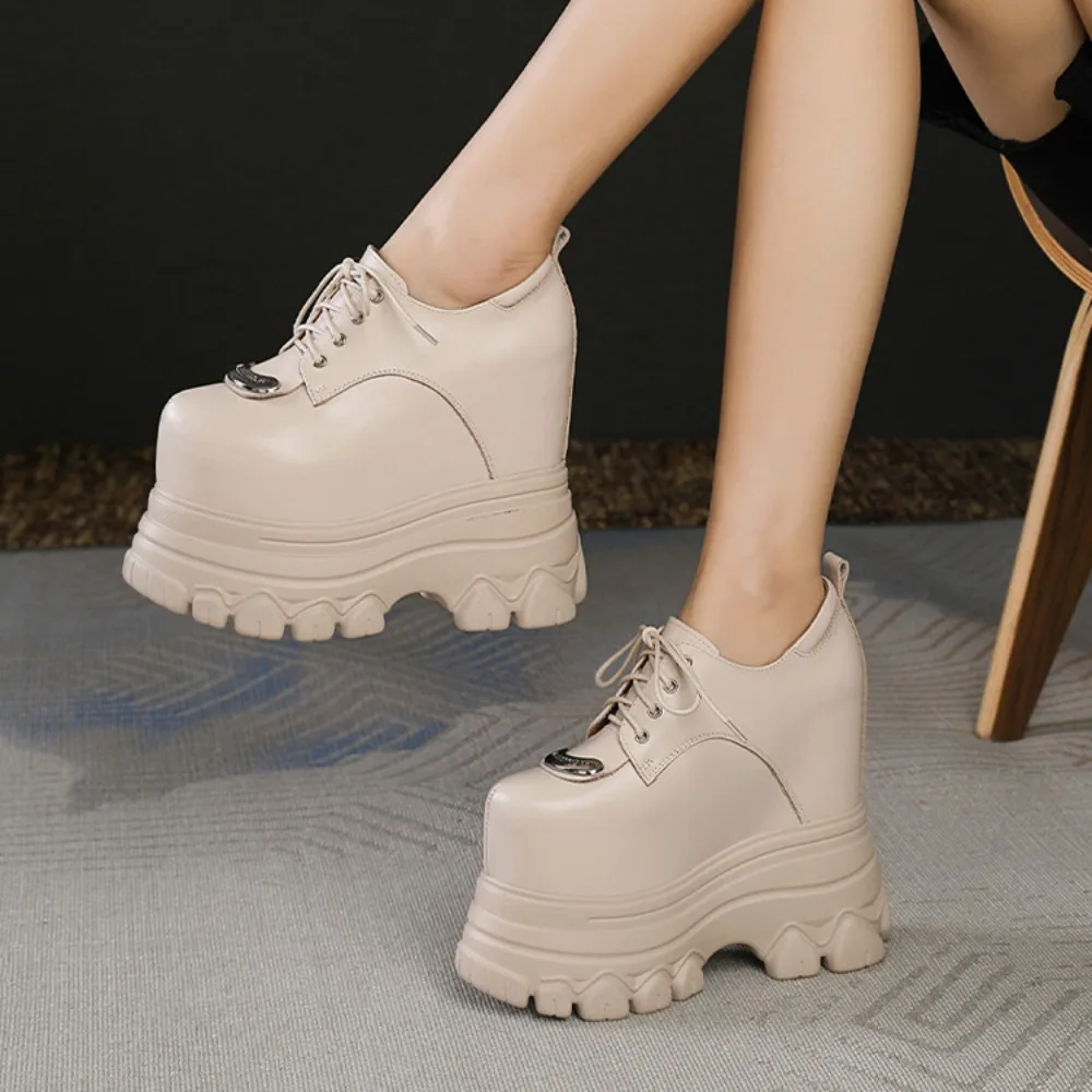 16cm Genuine Leather Women Fashion Sneakers Platform Wedges High Heels Brown Shoes Lace Up Thick Soled Height Increasing Shoes