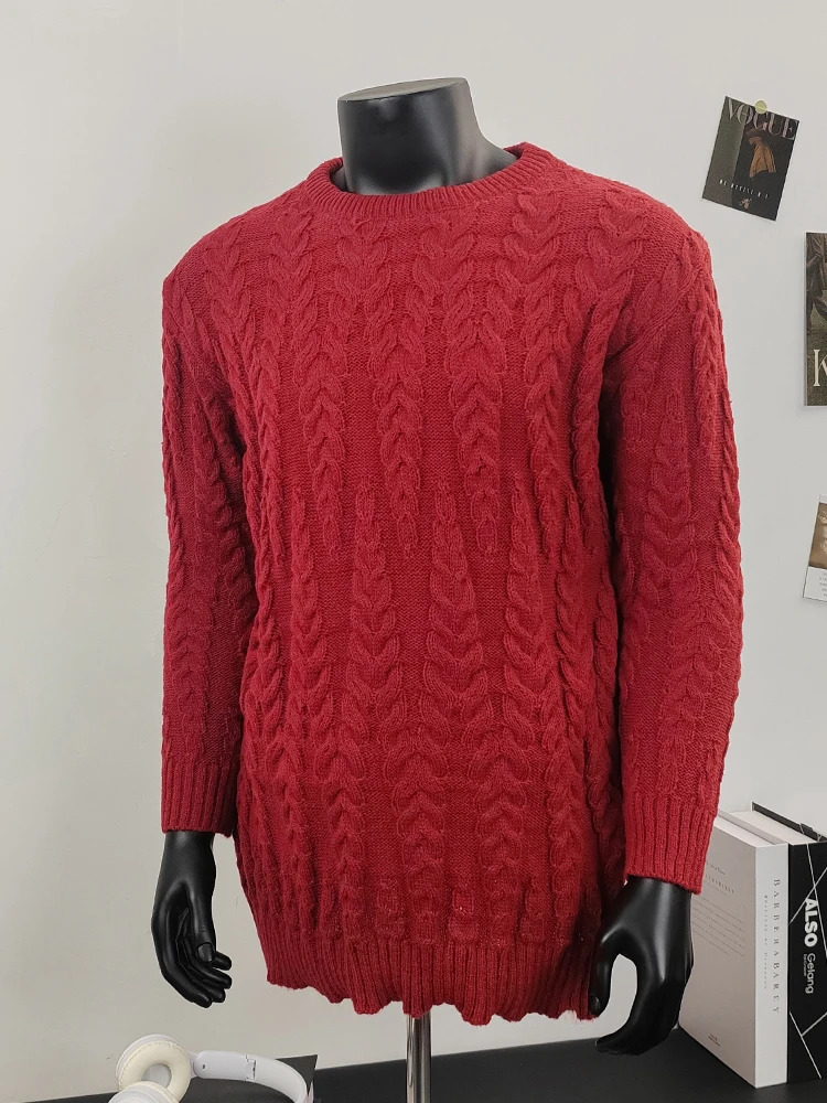 

Loose Fit Men's Knitted Sweater Winter Faion Casual Sle Big Size Autumn Winter Red Plaid Patterned Crew Ne Sweatirt