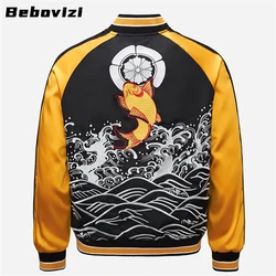 Japanese Style Golden Carp Embroidered Coat High Quality Men Baseball Jacket Streetwear Harajuku Striped Sleeve Clothing Autumn