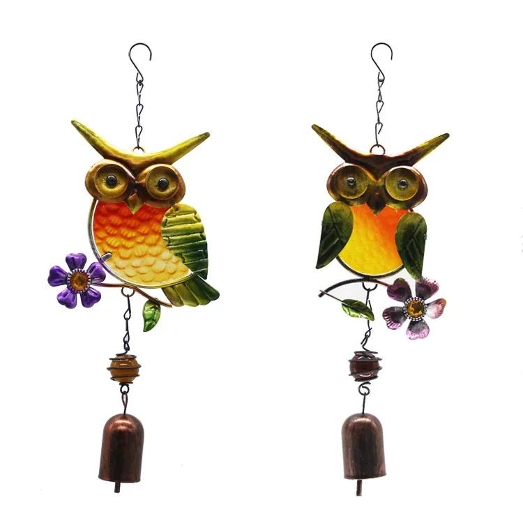 Nordic Owl Wind Chimes Metal Winds Bell with Purple Flower Wall Home Garden Hanging Ornaments Campanula Suncatcher Decor Crafts