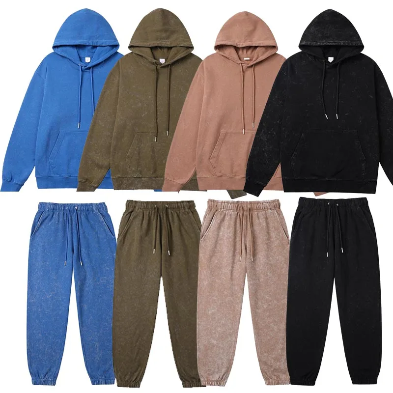 Top Quality 100% Cotton Washed Hoodies Pants Sets Oversized Hip Hop Suit Sweatshirt Oversized Tracksuit Vintage Retro Streetwear