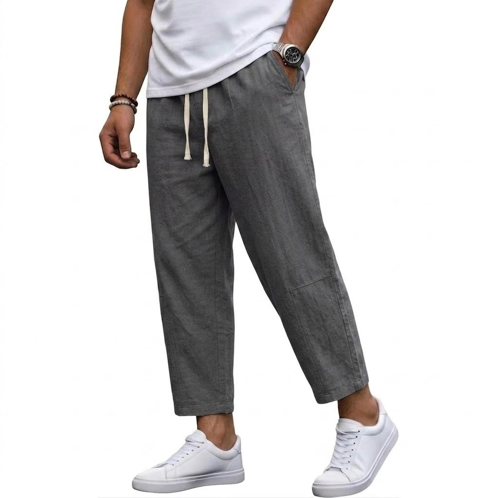 Koreanische Leinenhose für Herren, Baggy Pants für den Sommer, Gym-Hose, Loose Harem Pants, Leichte Sweatpants, Baumwoll-Arbeitshose, Gerade Hose – Detail 8