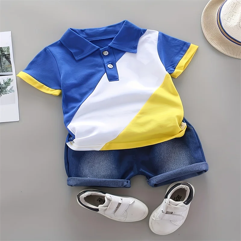 Baby Boy Summer 2PCS Outfit Color Block Polo Shirt Elastic Waist Denim Shorts Toddler Daily Casual Playwear Set