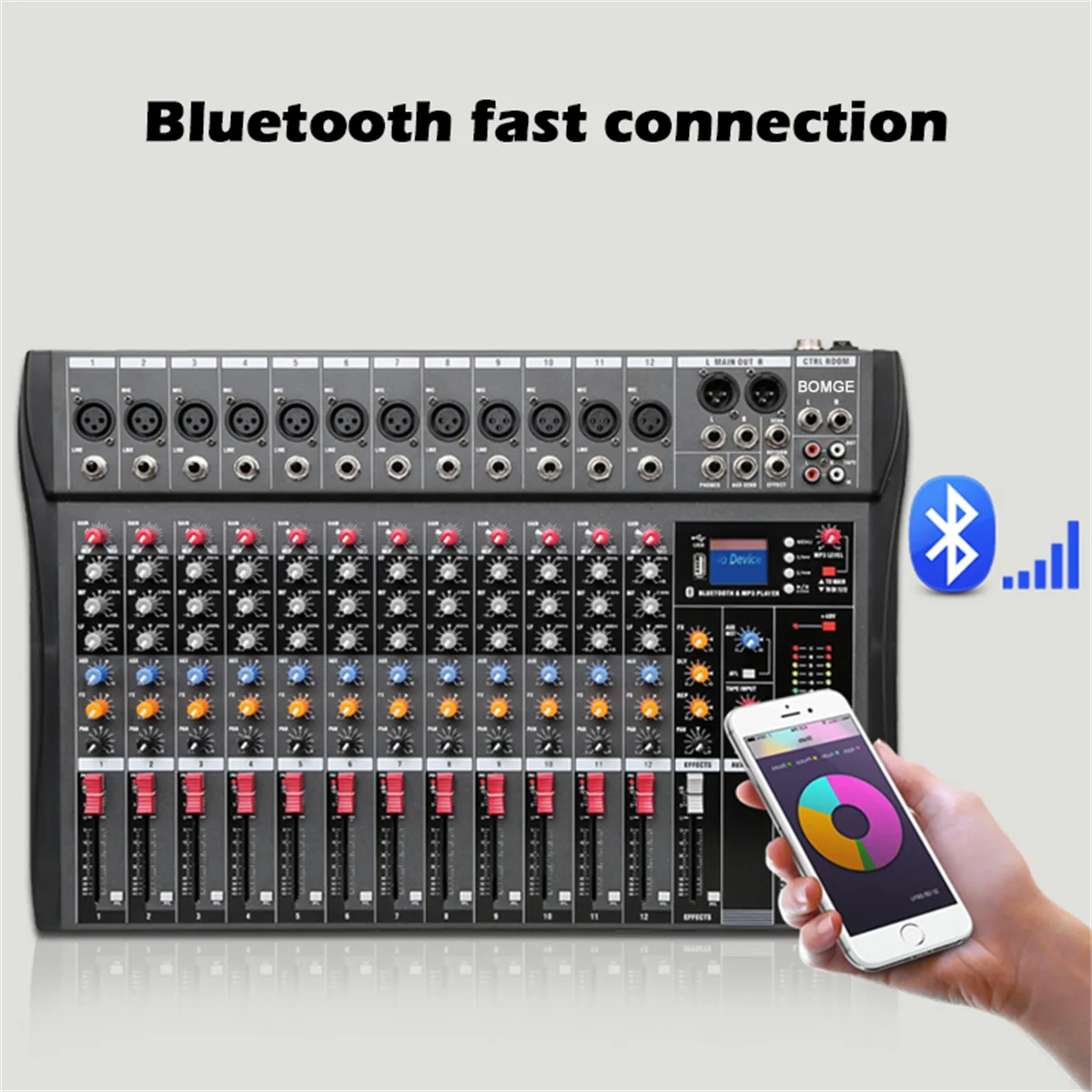 BOMGE 12 Channel Audio Mixer Sound Mixing Console with Bluetooth USB PC Recording Input XLR Microphone Jack 48V Power RCA Input