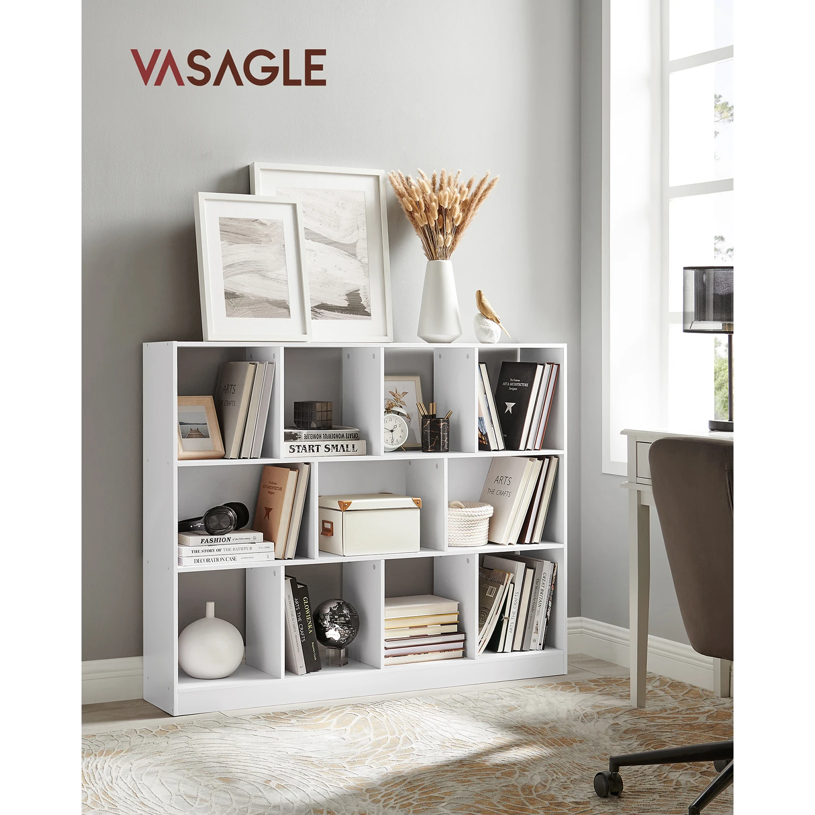 VASAGLE Bookcase, Storage Rack with 11 Bins, Divider, Study/Bedroom/Living Room, White