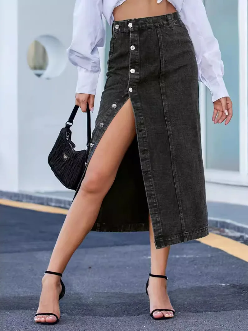 

Pure Color Slit Denim Slim Fit Skirt High Waist A-Line Midi Skirt Street Sle Faion for Young Women Summer Thin Fabric