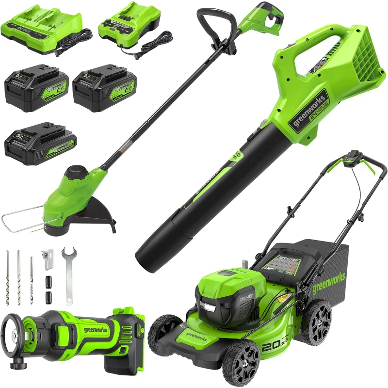 

Greenworks 48V (2x24V) Lawn Mower Combo - 20" Push Mower, 12" String Trimmer, 320 CFM Leaf Blower + 24V Cordless Speed Saw