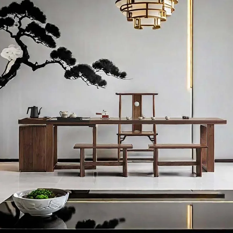 Black mahogany tea table large board simple modern tea table log living room home combination table