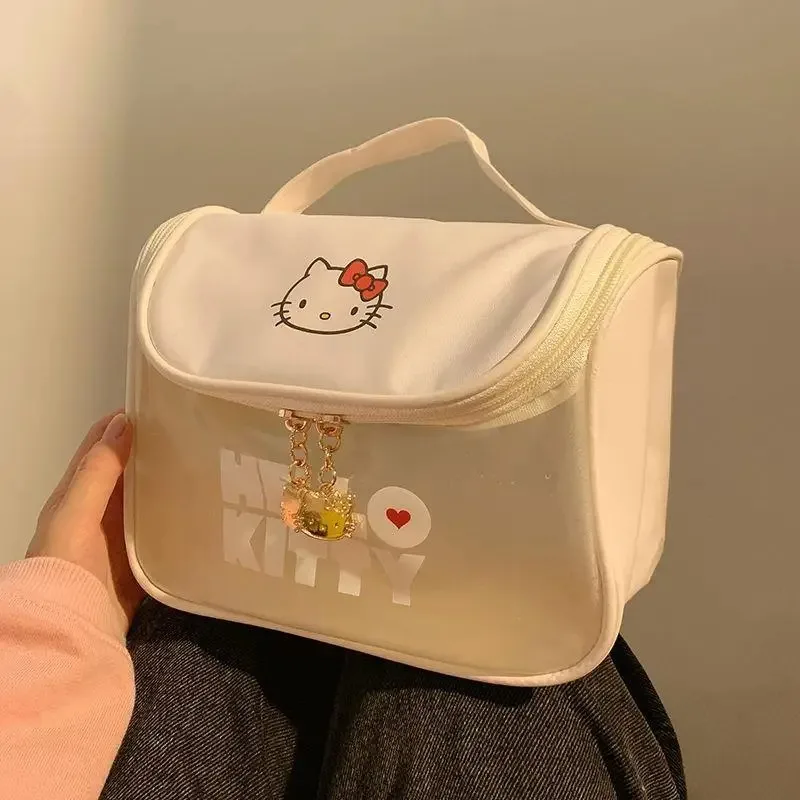 New Cute Hello Kitty PVC Makeup Bag Women Portable Large Capacity Kawaii Cosmetic Light Bag Fashion Luxury Waterproof Handbag