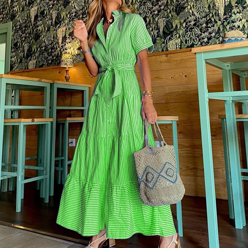 

Spring Summer Fashion Striped Dress Lapel Short-sleeved Loose Mid-length Dress High-waisted Lace-up Elegant Elegant Swing Dress