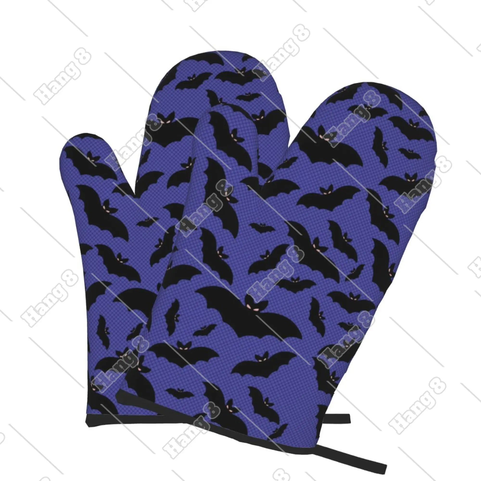 Dark Blue Bats Halloween Oven Mitts Tree Candy Cane Oven Gloves Heat Resistant for Barbecue Microwave Ovens Kitchen Men 2pc