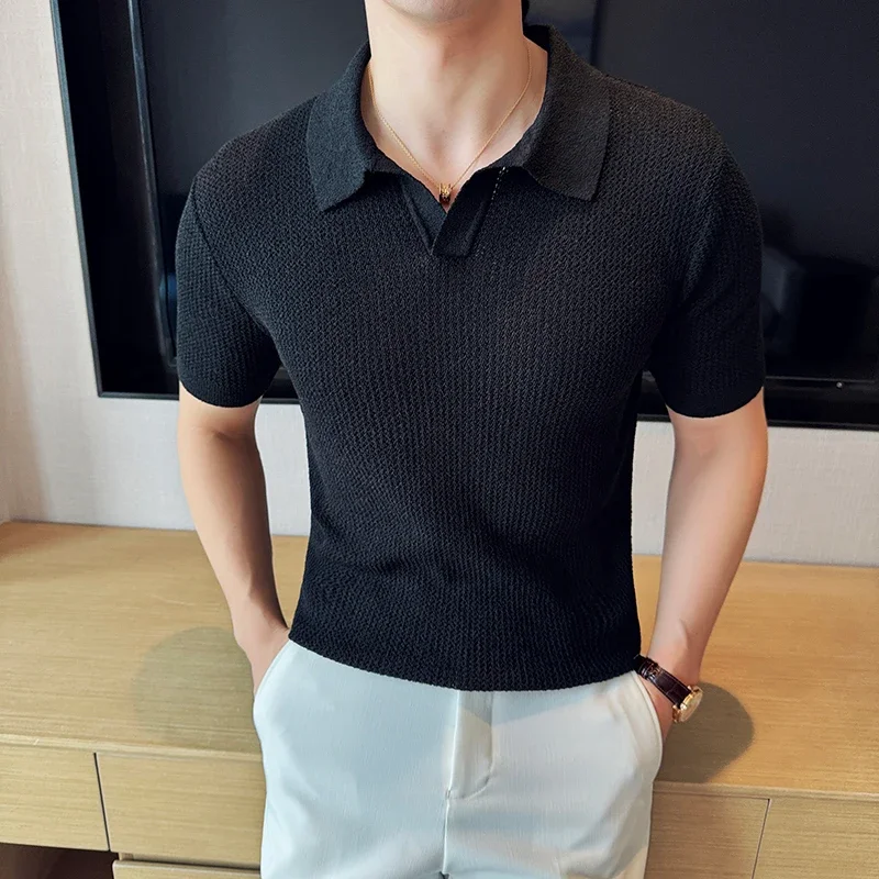 Men Knitted Polo Shirt 2024 Summer Light and Thin Solid Color Casual Elastic Slim Fit Short Sleeved V-neck T-shirt Men Clothing