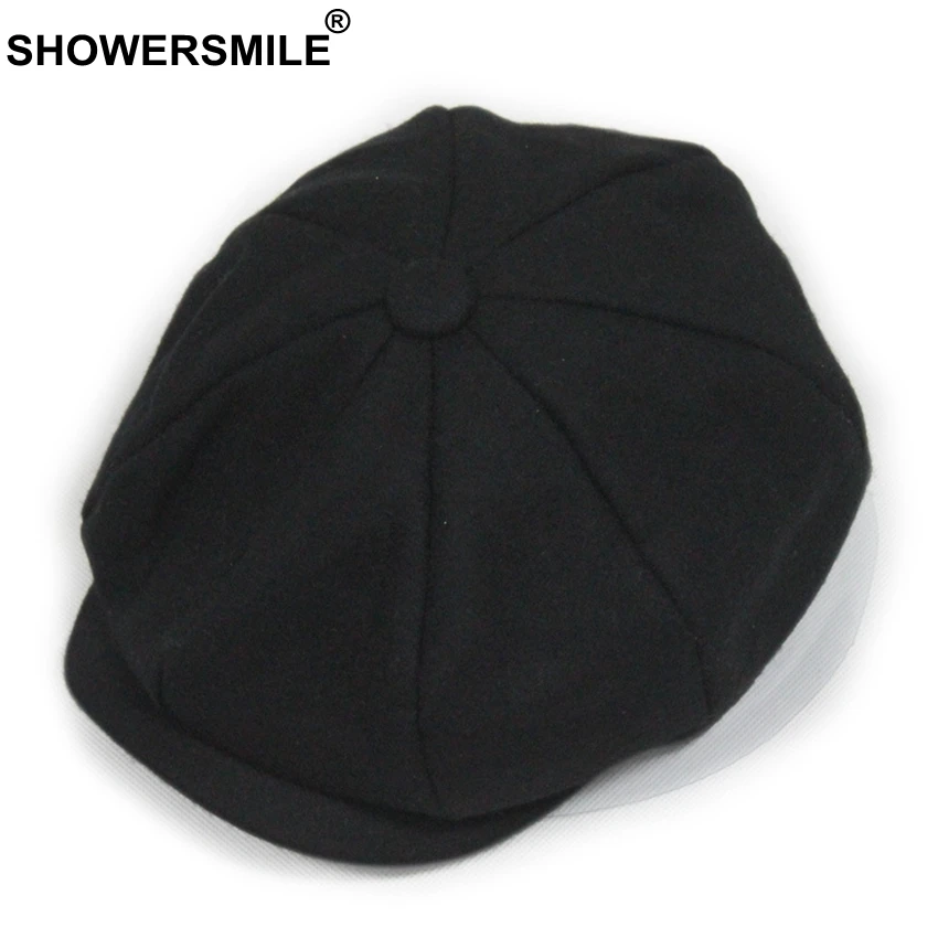 SHOWERSMILE Black Grey Wool Hat Man Newsboy Caps Herringbone Tweed Warm Winter Octagonal Hat Male Female Brand Retro Flat Caps