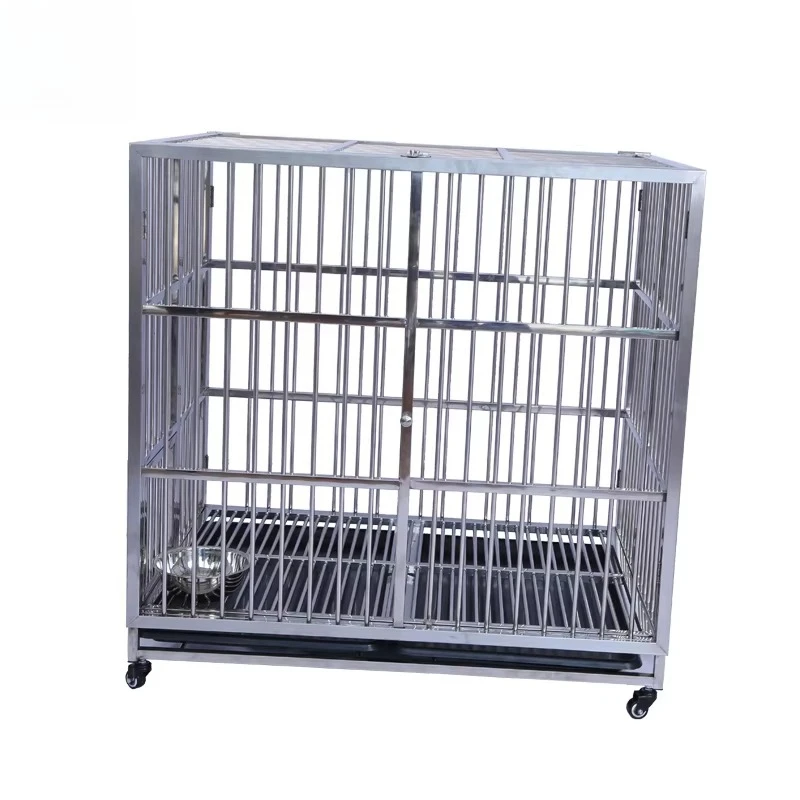 Collapsible Wheeled Stainless Steel Pet Cage with Solid Pattern Plastic Tray Pallet Eco-Friendly Long Service Life for Dogs