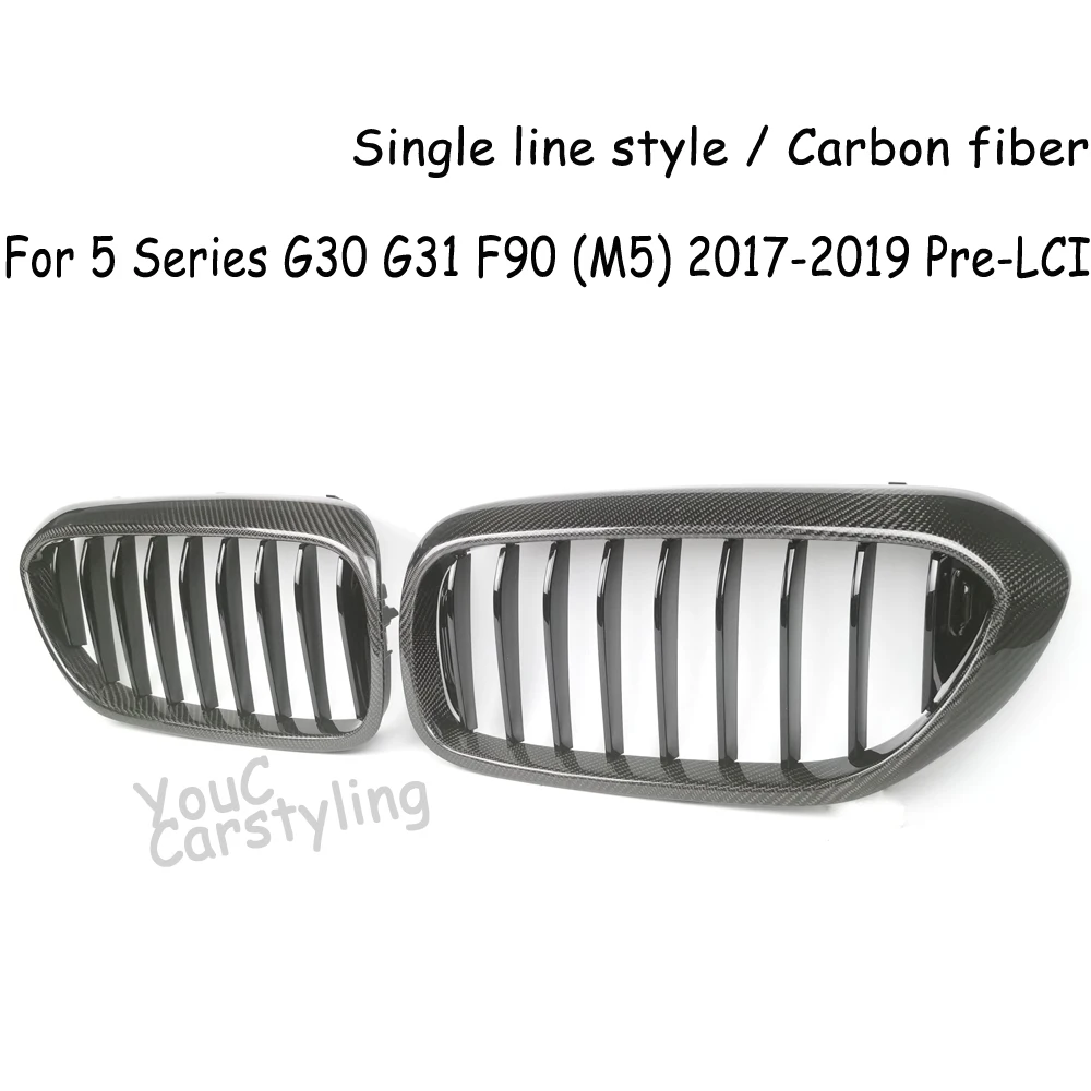 G30 Carbon Fiber Gloss Black Front Kidney Grille Mesh For BMW 5 Series G30 G31 2017-2019 Pre LCI 520i 530i 540i M550i M5 F90