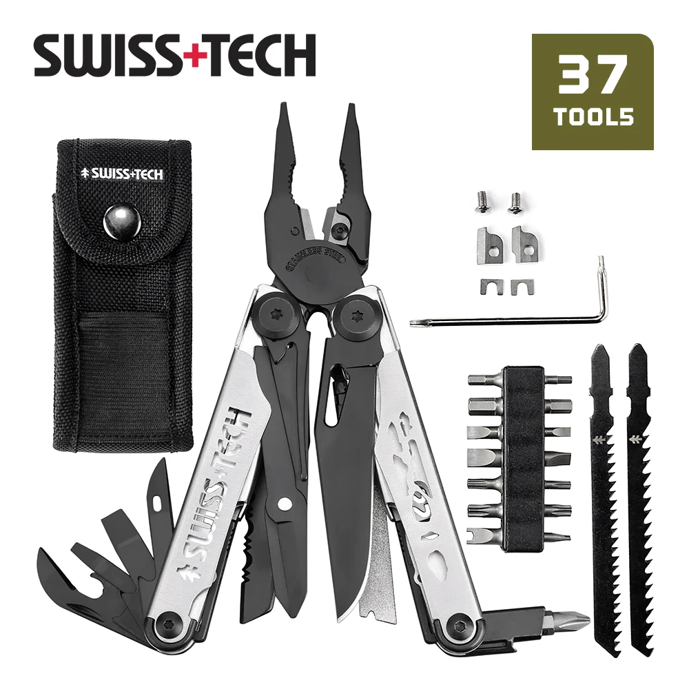 SWISS TECH 37 IN 1 Multitool Pliers Folding Knife Replaceable Parts Outdoor EDC Tools Kit Set Survival Hiking Camping Supplies