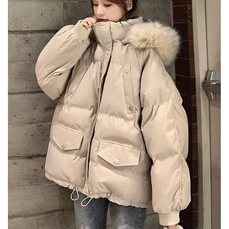 Gidyq Winter Fashion Women Loose Parkas Drawstring Korean Fur Hooded Puffty Jacket Casual Female Streetwear Thick Warm Down Coat