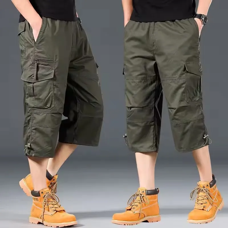 Pantalones cortos cargo holgados de verano para hombre, pantalones capri tácticos con cintura elástica, talla grande, informales, por debajo de la rodilla, para correr al aire libre