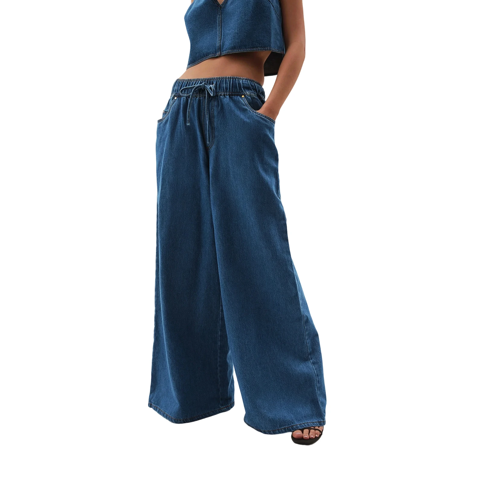 

Женские джинсы с карманами, повседневные простые стильные однотонные широкие джинсовые брюки со средней посадкой и шнурком