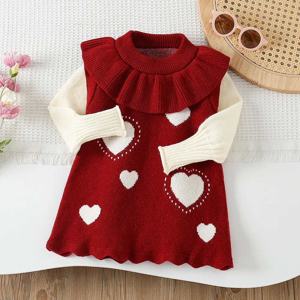 

2023 осенне-зимнее платье-свитер для маленьких девочек, вязаное платье с оборками и сердечками для маленьких девочек, теплый флис
