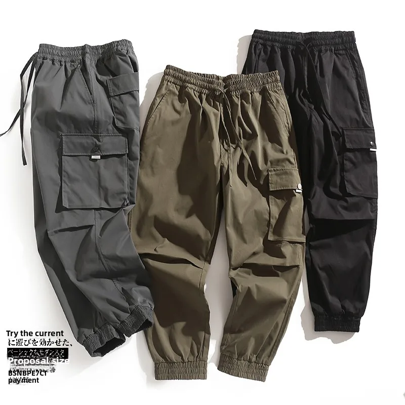 

American Casual Straight Leg Trousers with Big kets Spring Summer New Men's Elastic Waist Workwear Casual Pants