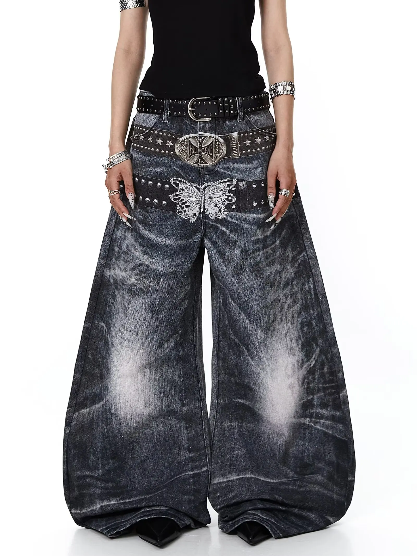 Gothic Retro Baggy Unisex Mopping Pants Y2K Phantom Jeans High Street Embroidered Patch Hip Hop Streetwear Straight Jeans