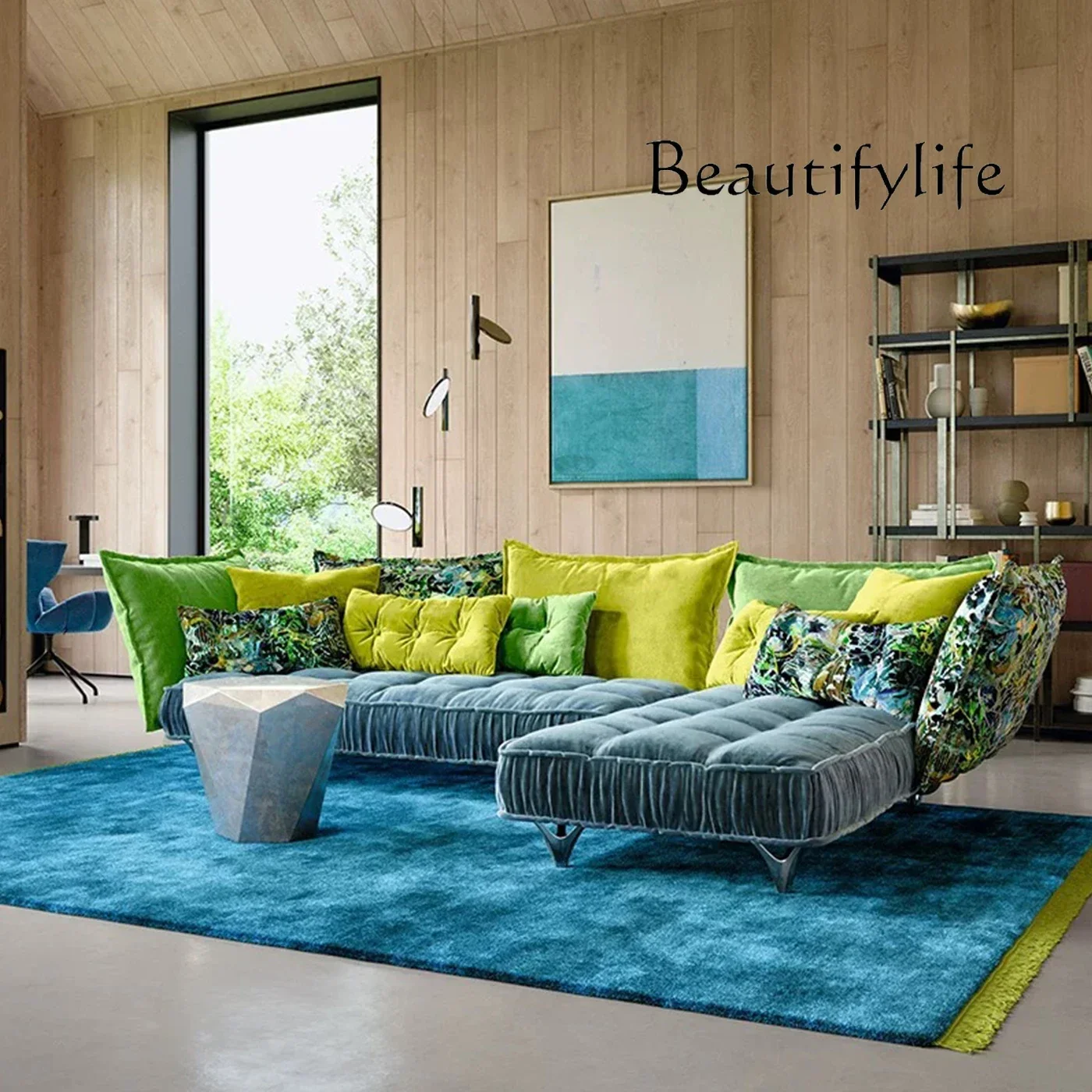 

S XS French Modern Simple Light Luxury Special-shaped Retro Pattern Fabric Corner Combination Sofa