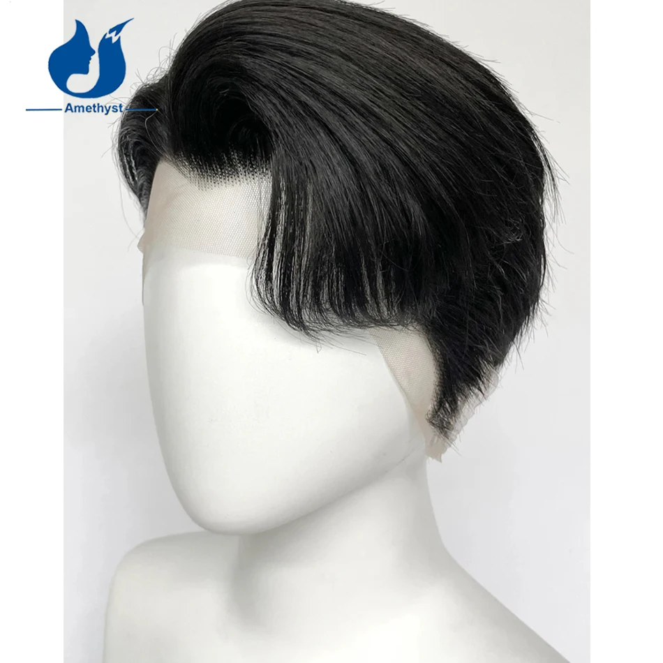 Amethyst Short Cut Pre Styled Men's Wig Side Part Layered with Sideburns Natural Black Short Bob Full Lace Replacement Wig Remy