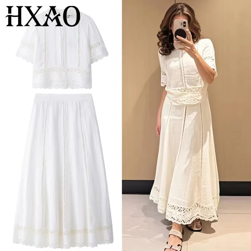 

HXAO Lace Crochet Skirt Set Women's Two Pieces Set O-Neck Short Sleeve Shirt 2 Piece Set Woman Outfit Midi High Waist Skirt Suit
