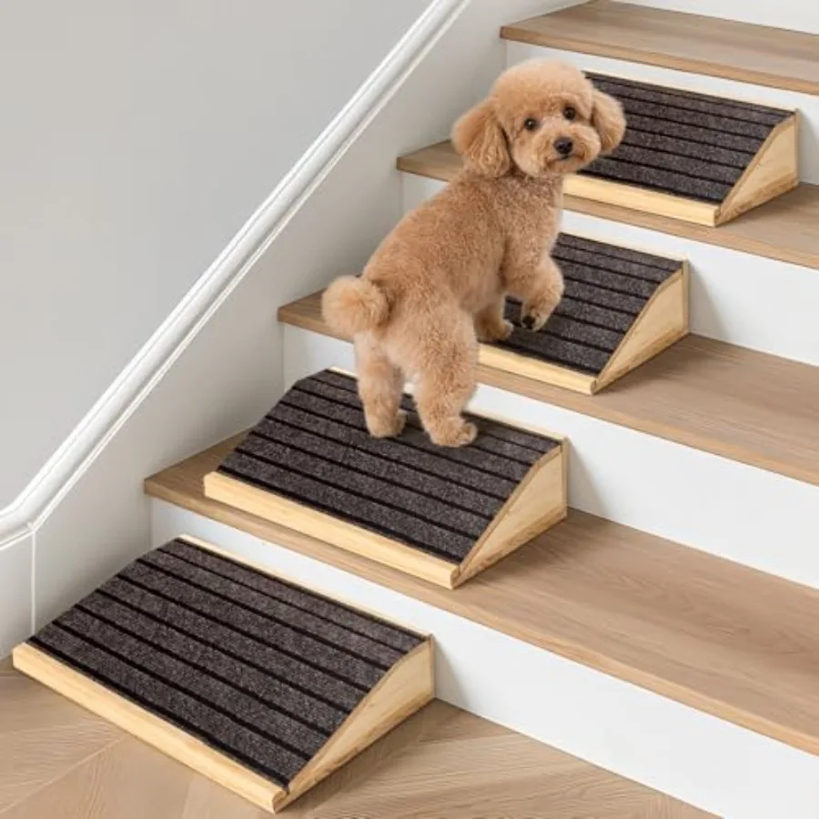 

4-Pack Wooden Dog Ramp for Stairs: Anti-Slip Carpet Surface, Low-Angled Design for Small, Injured Aged Pets Natural Wood, Brown