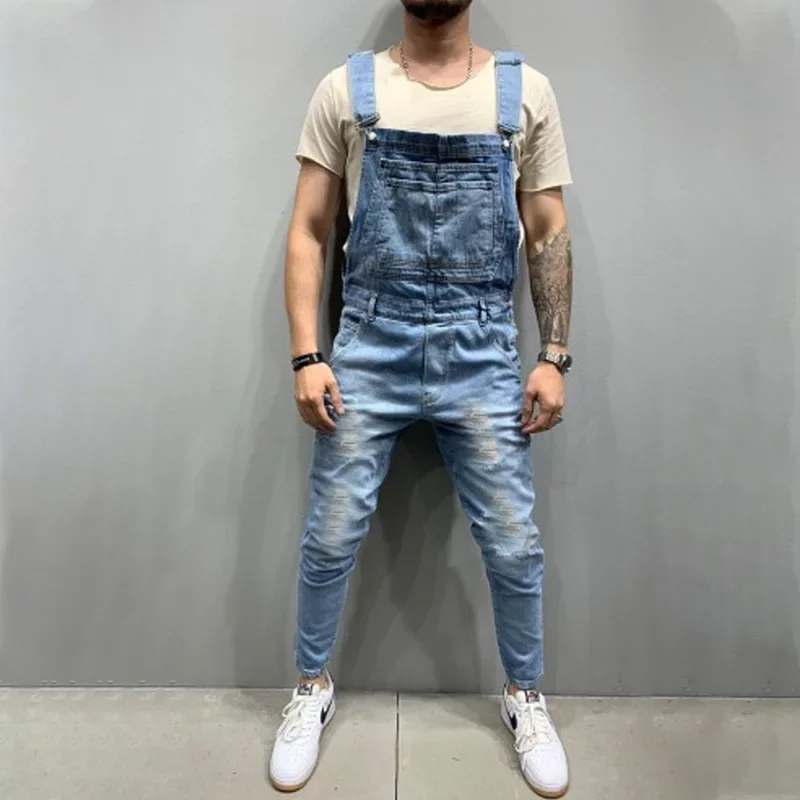 2026 New Fashion Men’s Casual Trendy Washed Vintage Solid Color Multi Pocket Jeans Overalls Pants Slim Hole Patched Denim Pants