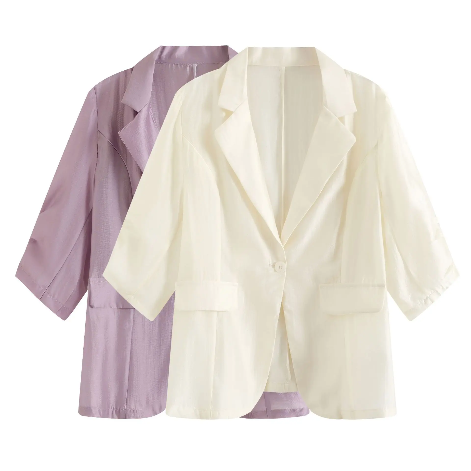 Maxdutti White Purple Suit Jacket 2026 Summer Temperament Gentle Wind Mid Sleeve One Button Top Ropa Mujer Blazer Woman