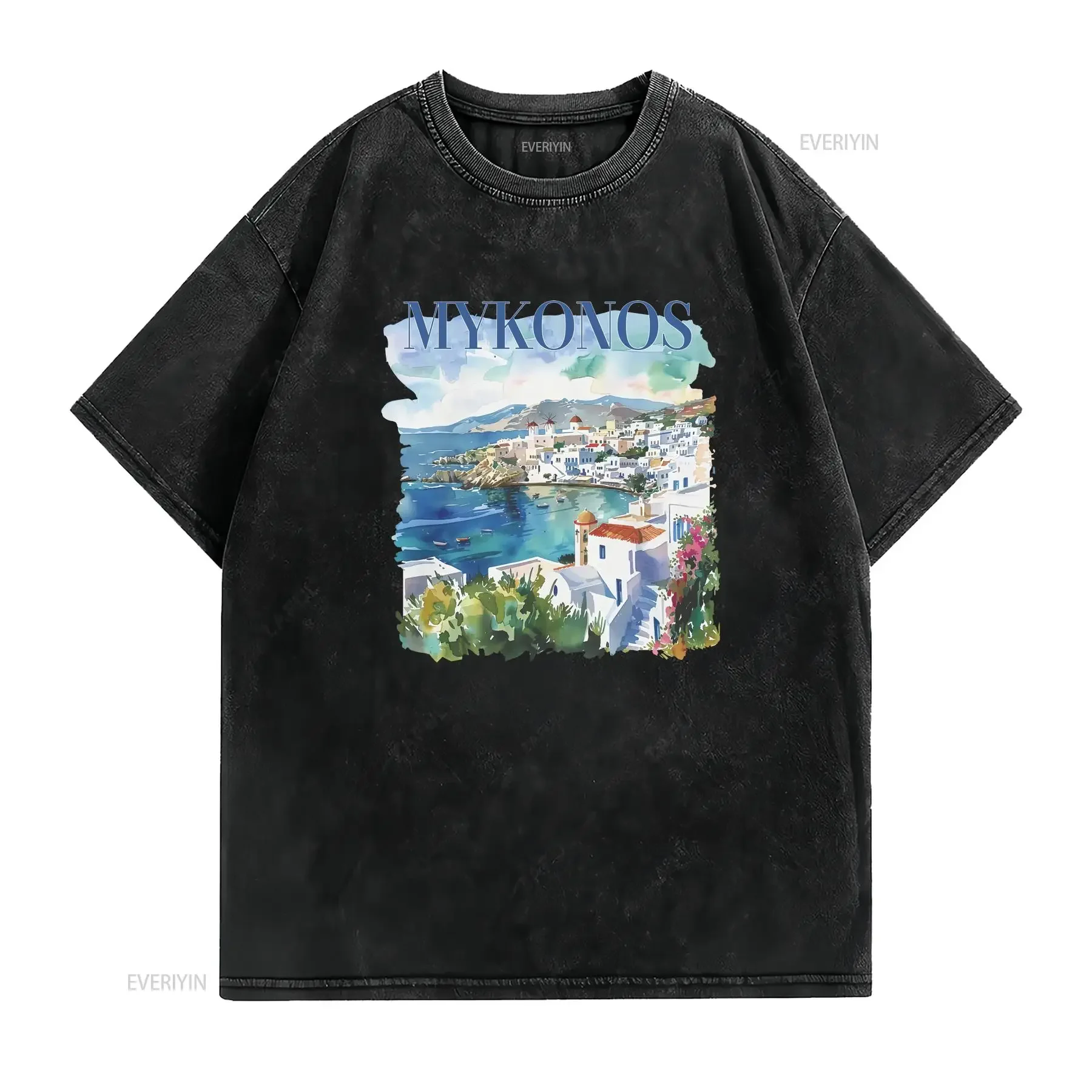 Mykonos T Shirt Greece Greek Vacation Beach WaterColor vintage Washed designer clothes streetwear Casual Soft fashion graphic