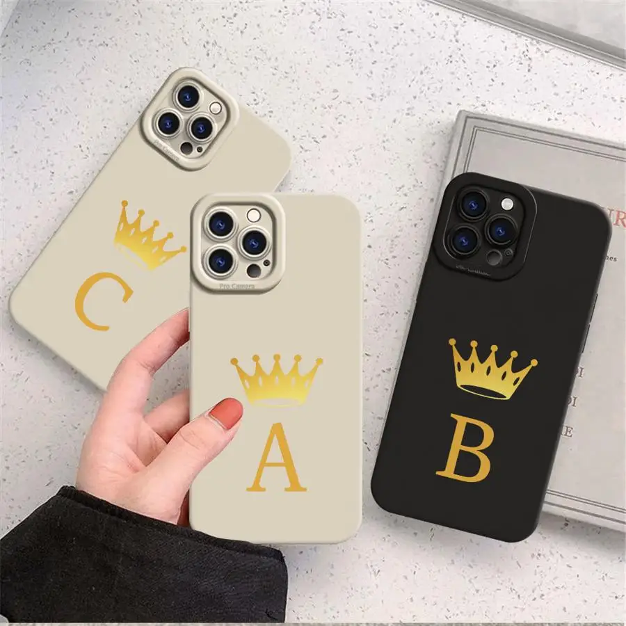 Crown 26 Letter Fashion A-F Cover Phone Case for Apple iPhone 13 15  Pro Max 14 13 Pro 11 12 14 Plus Soft TPU