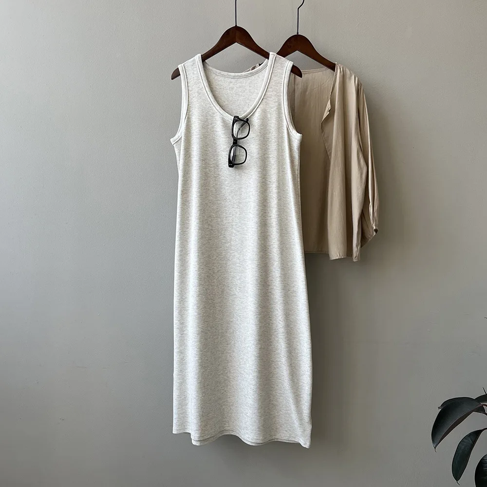 

【Le17】2024 A-Line Straight O-Neck Dresses Loose Style Cotton Simple Styles Women Sleeveless Solid Dress